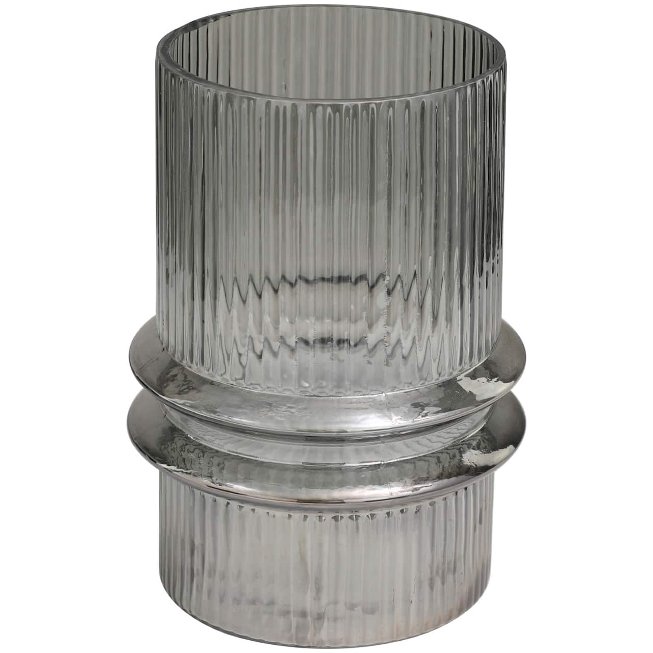12" Gray Glass Wide Ribbed Vase with Fluted Center